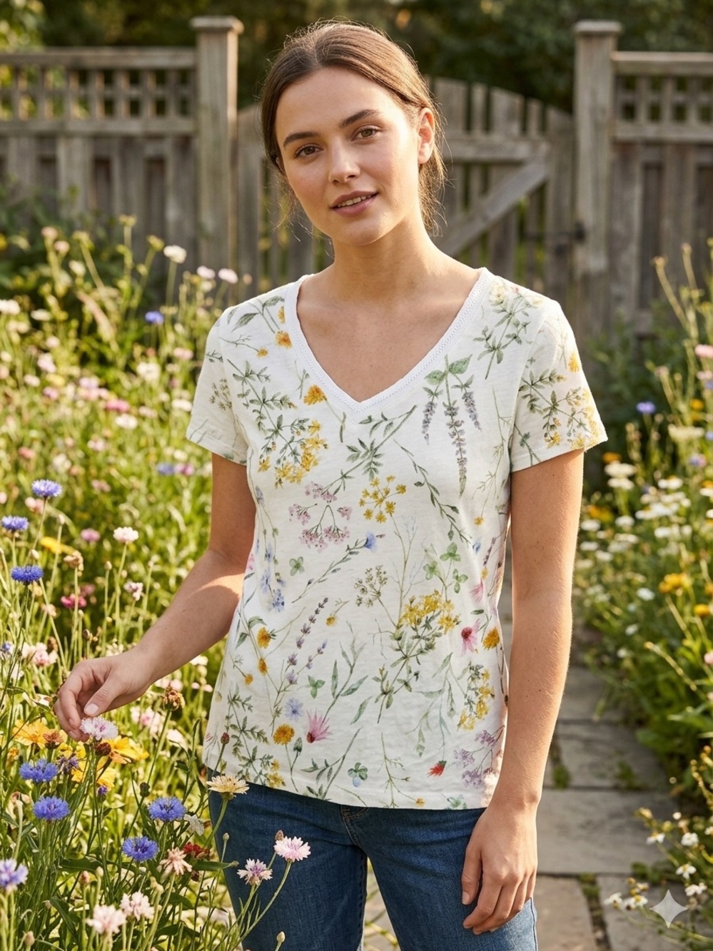 Women's Cream Floral V-Neck Short Sleeve Top